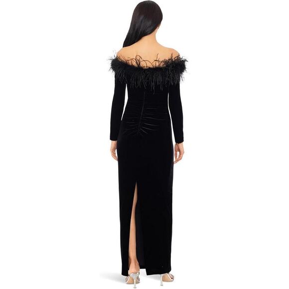 Xscape Feather Trim Off the Shoulder Long Sleeve Scuba Velvet Gown Size 12 NWT - Picture 4 of 12